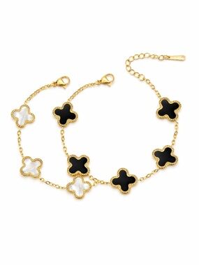 14K Gold Clover Bracelet Black White Enamel Four Leaf Chain Layering Dainty